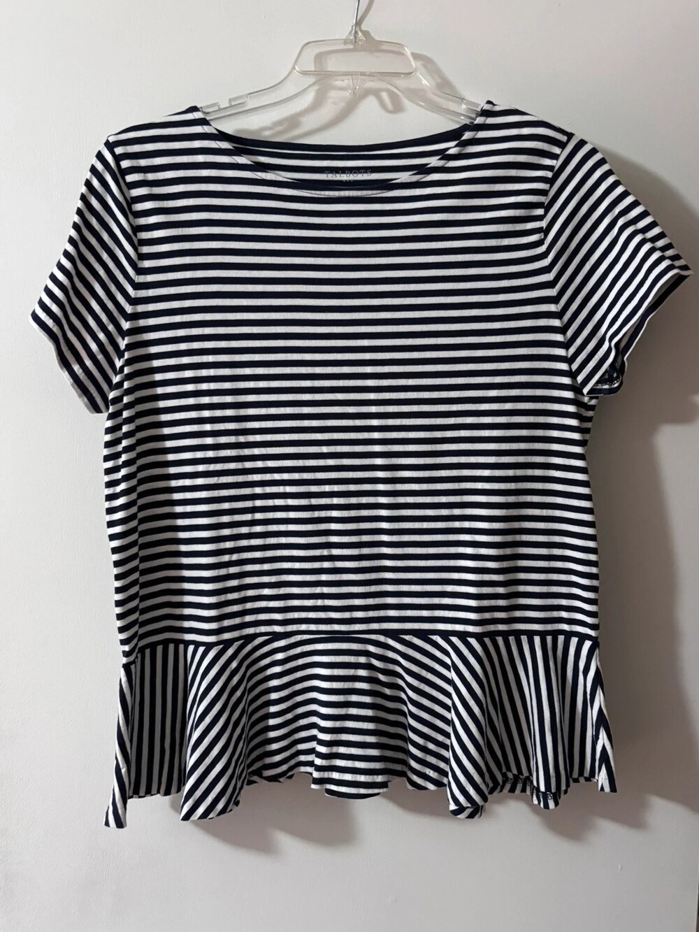 Talbots Striped Peplum Hem Short Sleeve Top Size Large L Navy White